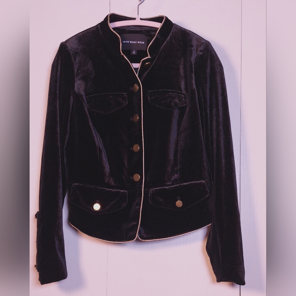 Who What Wear Black Velvet Lined Jacket Size Small Military Style Gold Trim Glam